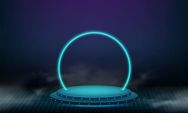 abstract technology cylinder pedestal podium. sci-fi dark empty room concept with circle glowing neon lighting. product display presentation. futuristic wall scene. - 平臺(tái)門戶 幅插畫檔、美工圖案、卡通及圖標(biāo)