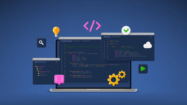 concept of computer programming or developing software or game - 定制開(kāi)發(fā)軟件 幅插畫檔、美工圖案、卡通及圖標(biāo)
