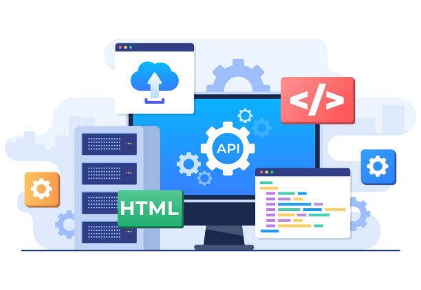 application programming interface concept, api provides the interface for communication between applications, software development tool, internet and networking, simplifying application integration - 系統(tǒng)軟件 幅插畫檔、美工圖案、卡通及圖標(biāo)